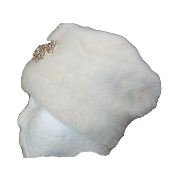 Vintage 100% Angora Fur Hat Beanie Rhinestone Bow Ivory Off White - Picture 2 of 6